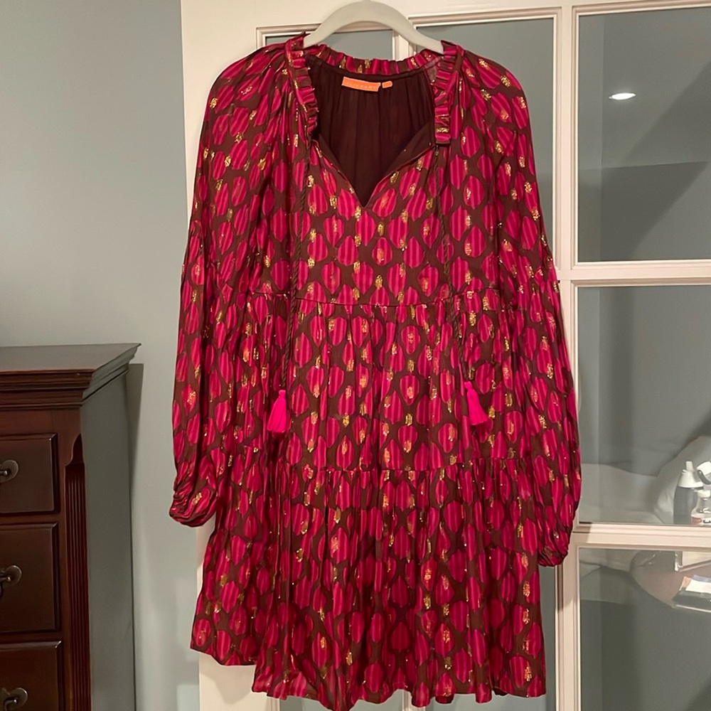 Oliphant pink and brown metallic dress with tassel trim sz xxs